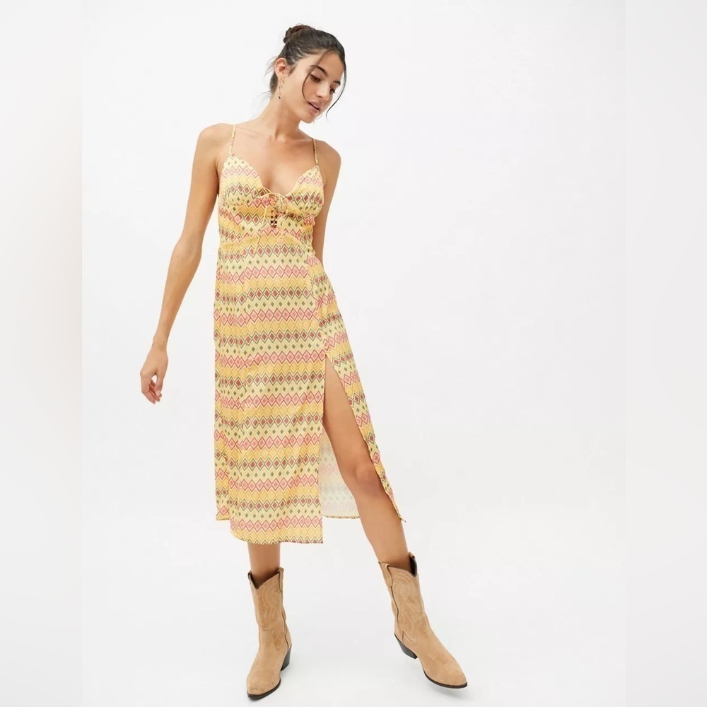 Urban Outfitters Mariah Lace Up Yellow Print Midi Slip Dress Size S